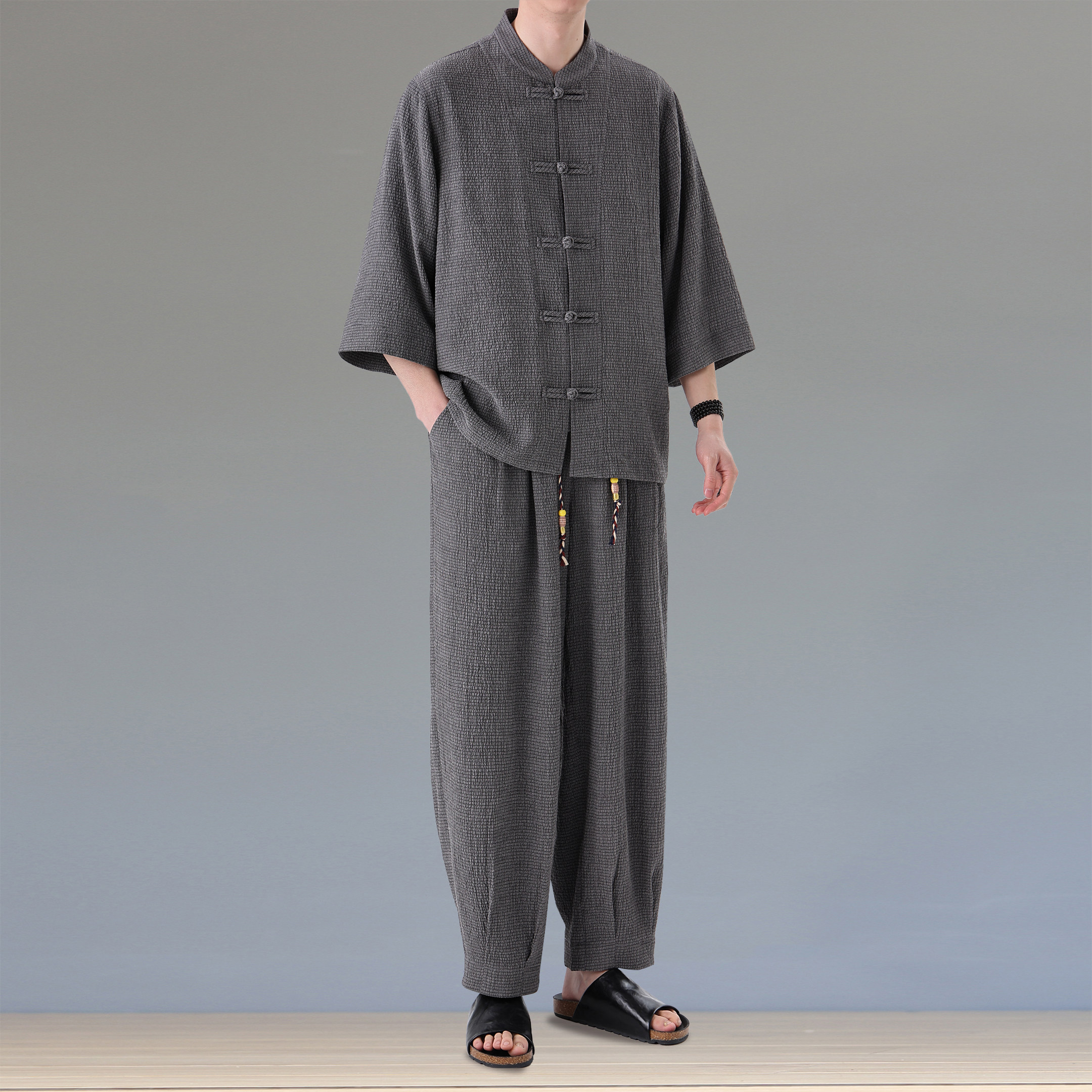 春夏新款休闲运动套装男新中式复古透气七分袖衬衫套装宽松晨练服