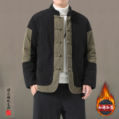 男士 2025年新款 唐装 灯芯绒棉服休闲拼接立领复古加棉加厚棉袄外套