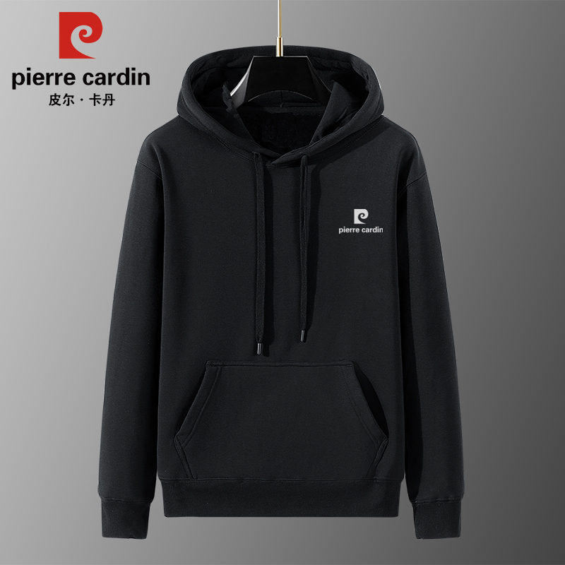 法国皮尔卡丹冬季加绒加厚卫衣男连帽套头高端休闲保暖长袖外套男