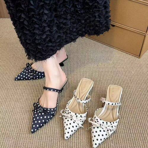 法式波点尖头蝴蝶结包头拖鞋女外