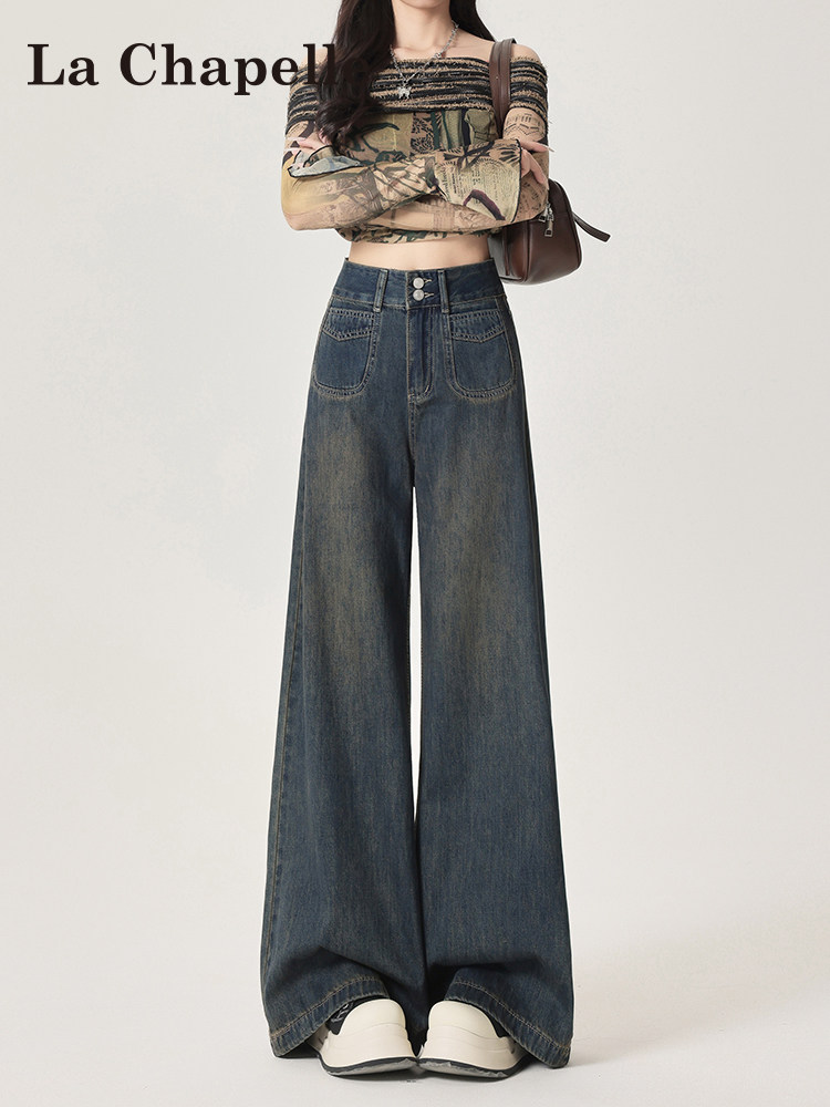 La Chapelle cement gray wide-leg jeans for women, 2025 new autumn and winter high-waist loose lazy drape fleece-lined pants