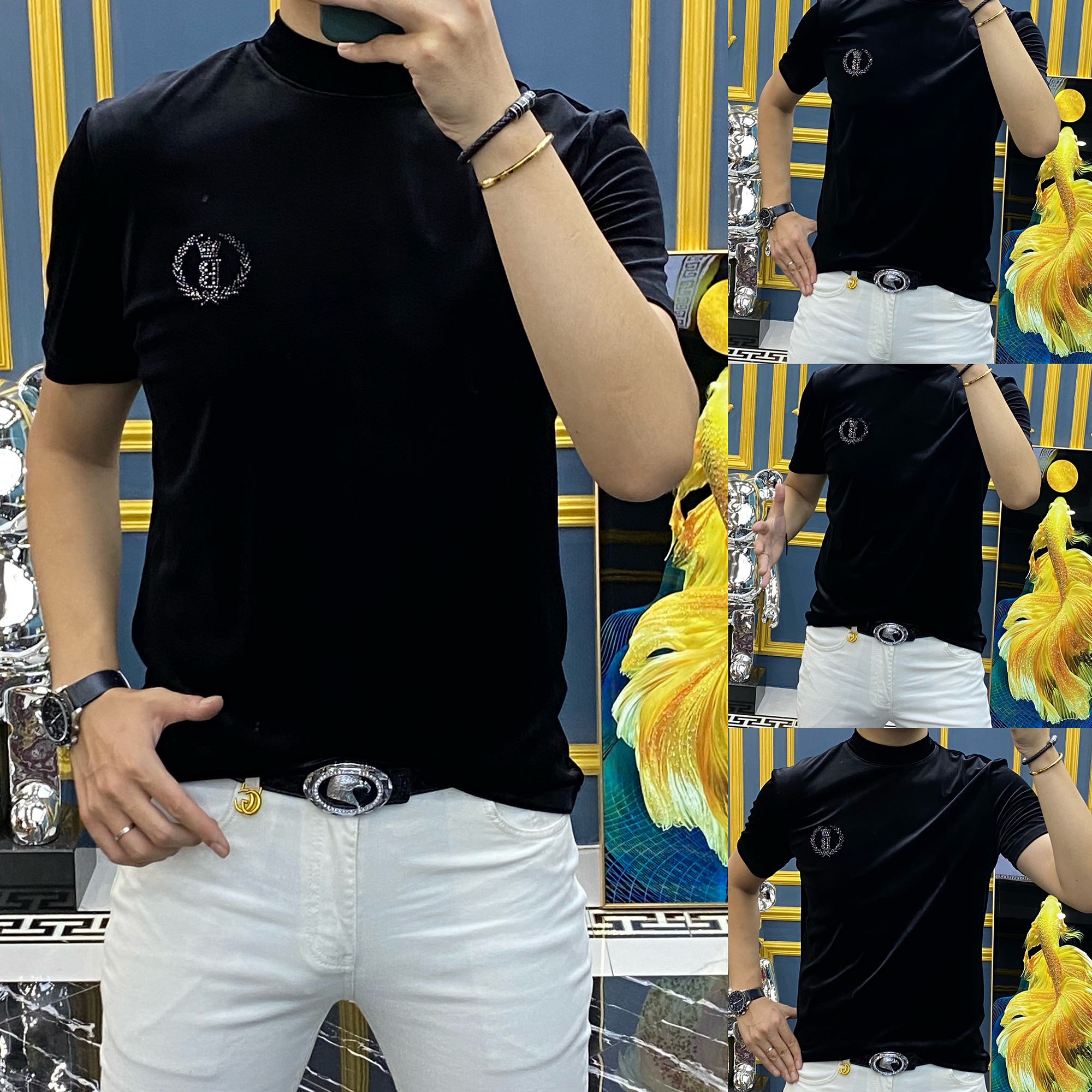 欧货秋季男士金丝绒短袖弹力t恤