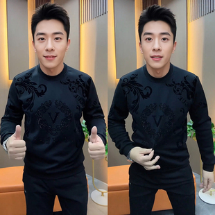 99秋冬男士新款欧货植绒烫钻卫衣百搭上衣时尚小衫休闲男装打底衫