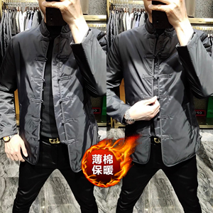 W971秋冬季男式立领唐装黑色薄棉服外套潮流洋气百搭时尚保暖棉衣