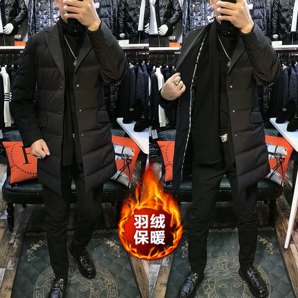 W22208羽绒服男士冬季围巾领中长款外套欧货商务休闲羽绒男装上衣