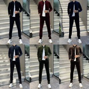 潮流无痕套装 T782春季 男士 金丝绒盘扣唐装 外套 中国风两件套男时尚