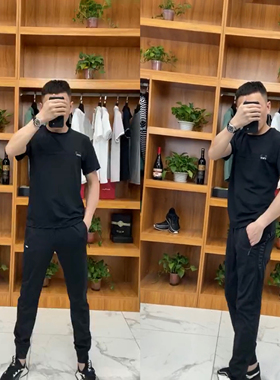 夏季新款男士冰丝套装牛奶丝印花T恤修身小脚裤男空调两件套T018