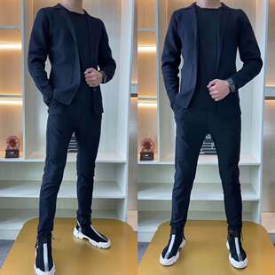 新款 百搭时尚 男士 针织开衫 帅气西服外套Y888 翻领束腰纯色净版 春季