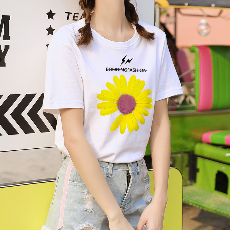短袖女2020年夏季新款半袖纯棉白t恤ins潮韩版宽松小雏菊夏装体恤