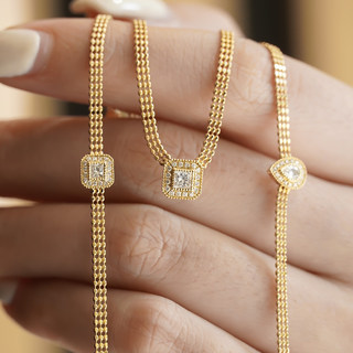 ZJ珠宝18k金方形表带钻石套装复古群镶钻石项链手链女友生日礼物