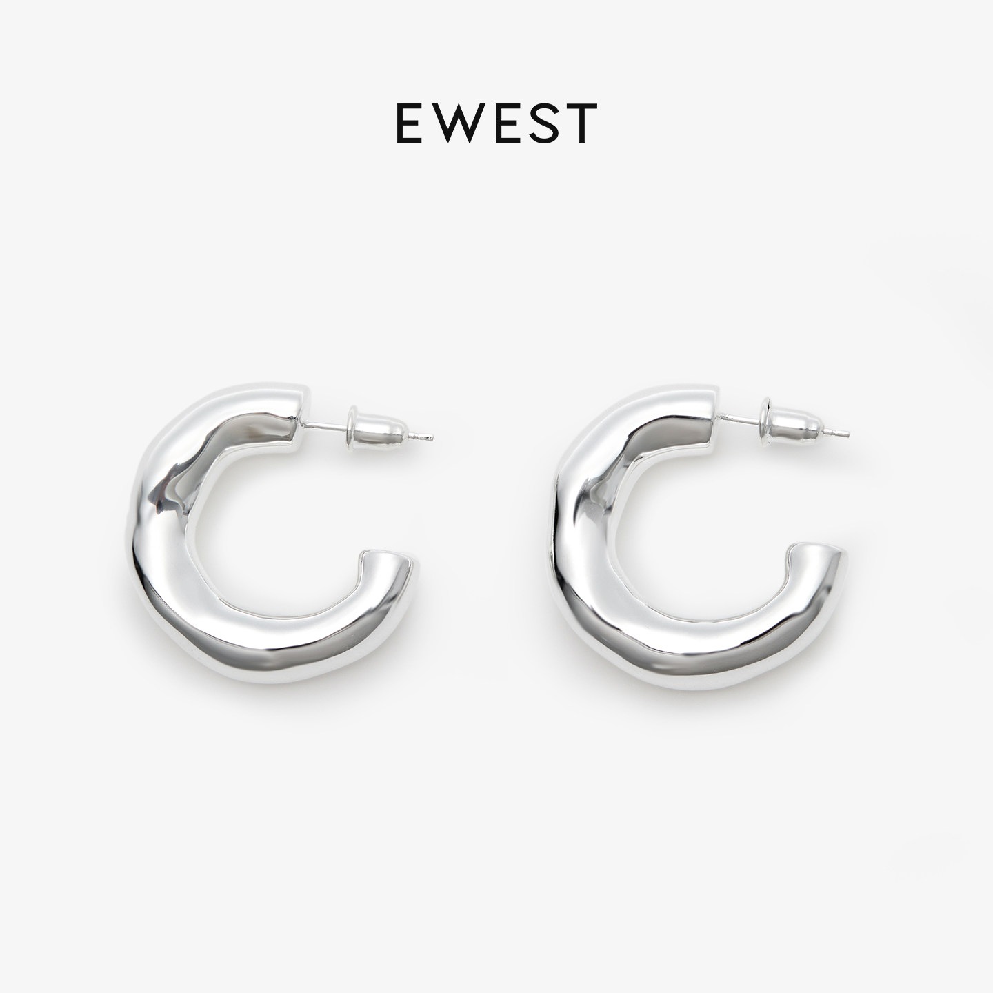 ewest 新款FLOW素银曲线中耳圈秋冬女小众设计感素圈耳环圈圈耳钉