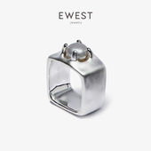 EWEST 灰色珍珠高级感银戒指女小众设计感宽尾戒中指食指戒男
