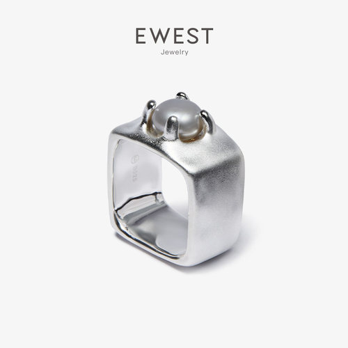 ewest小众设计感女灰色珍珠戒指
