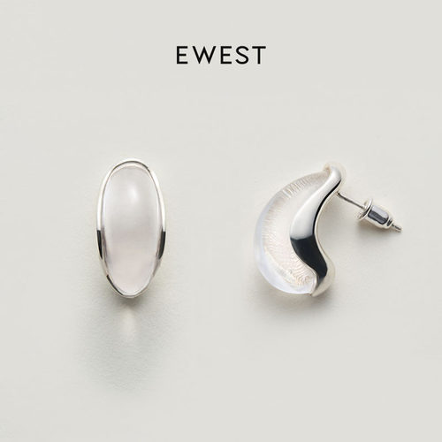 EWEST 透明白色水晶耳钉原创设计感气质弧形耳环女小众精致银耳饰
