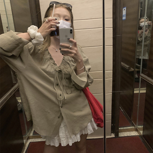 大码胖妹妹mm宽松夏季法式木耳边V领慵懒薄款防晒长袖衬衫女上衣