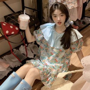 大码胖妹妹mm宽松夏季甜美减龄撞色荷叶领碎花泡泡短袖连衣裙女潮
