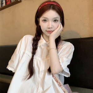 大码女装夏季微胖mm宽松甜美韩系娃娃领学院风花边短袖衬衫上衣潮