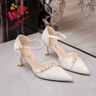老牌子软皮一字带扣镶钻包头女凉鞋2026春夏款146624软细高跟女鞋