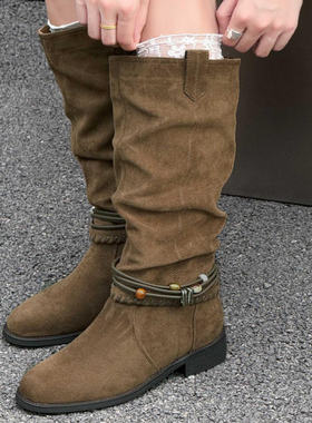 老牌子低底女靴2025新款925001磨砂皮褶皱环带串珠方头不过漆短靴