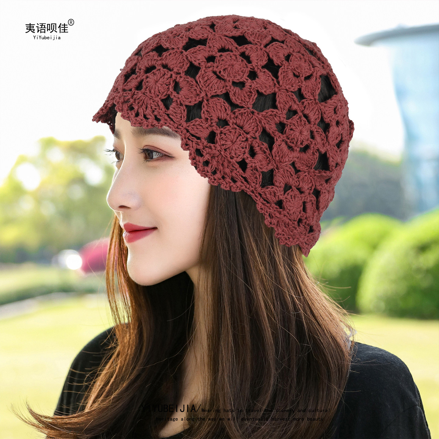 女士帽子单层包头帽春夏薄款棉麻手工钩花帽民族风花朵帽优雅复古