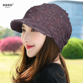 女士帽子四季 鸭舌帽蕾丝花朵堆堆帽休闲百搭布帽水钻包头帽女 薄款