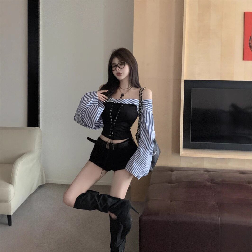 爱依轩 慵懒风蓝色条纹衬衫女装秋松弛感一字肩束腰绑带辣妹上衣