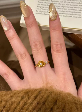 轻奢中古高级镶钻拉丝玫瑰花戒指精致立体小众设计复古港风食指戒