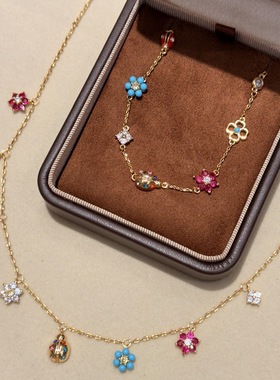 轻奢高级感多巴胺彩色小花瓢虫吊坠手链项链镶嵌锆石小众精致套装