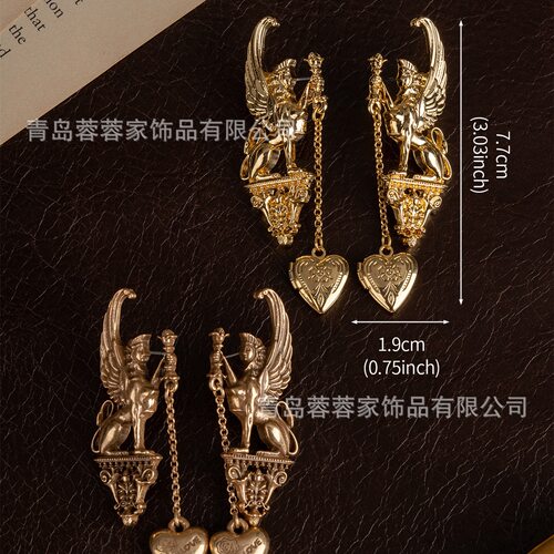 中古复古金色耳环独特气质百搭长款爱心吊坠耳坠小众耳饰vintage