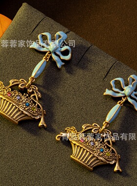 复古宫廷风甜美可爱蝴蝶结花篮高级感耳环中古重工vintage耳饰