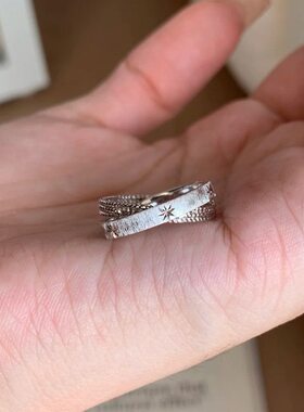 S925纯银中古金银色星芒双环戒指女开口可调节小众高级感新品手饰