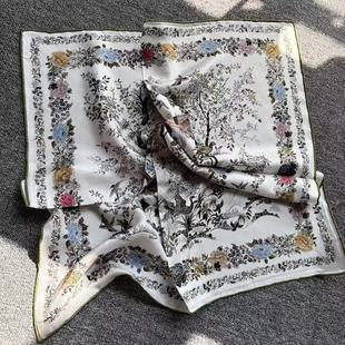 (花野)双面高档真丝精美桑蚕丝斜纹手工边中方巾装饰女春秋