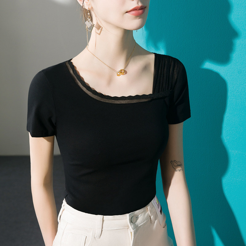 小众斜方领短袖T恤女蕾丝拼接2025春款新款黑色夏季别致气质上衣,女装/女士精品,T恤,淘宝优惠券,粉丝福利购,淘宝优惠卷