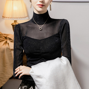 高领亮丝网纱打底衫女泡泡袖2026秋季新款褶皱拼接女装上衣小衫