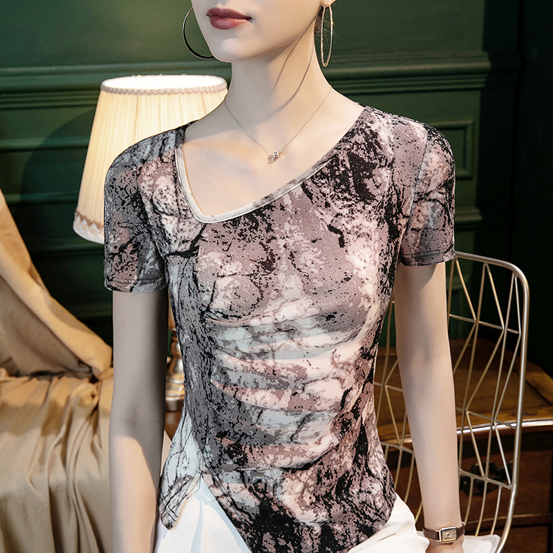 2025夏季斜领亮丝T恤女短袖设计感小众不P规则洋气女装上衣小衫
