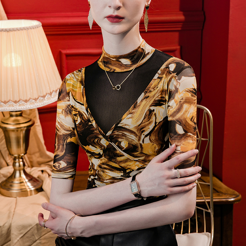 立领印花网纱打底衫五分袖修身假两件2025秋季新款中袖洋气小衫