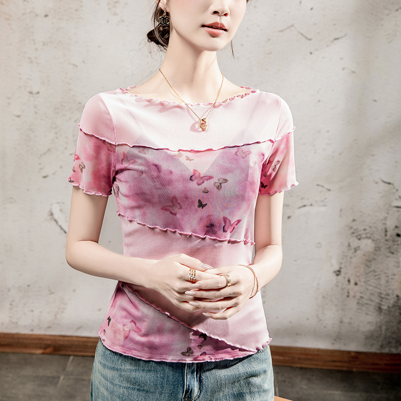 一字领印花网纱T恤女短袖木耳边2025秋季新款薄款透视女装小衫