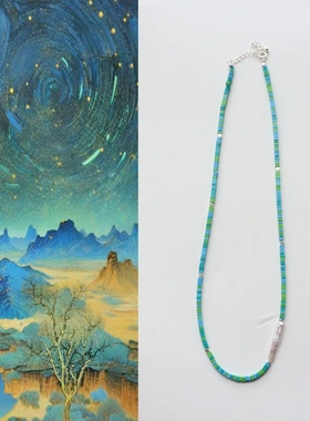 清冷时尚简约百搭菱镁矿松石小方糖锁骨链 巴洛克小银条珍珠短项