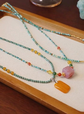 天然绿松石项链夏锁骨链搭配蜜蜡盐源吊坠女生礼物高级感饰品