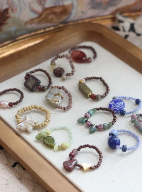 原创手作捷克琉璃米珠弹力指环女创意小众复古个性高级感串珠戒指