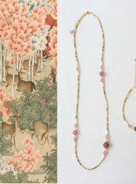 国潮原创手作天然石毛衣链青草莓晶唐卡挂绳项链小众文艺复古风