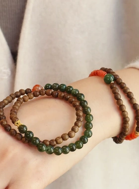 天然沉香木碧玉南红手链双圈转运珠新中式风格文创寺院新爆款