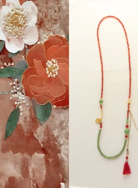 国风红玛瑙绿玉髓撞色串珠颈链五路财神流苏衣襟项链百搭气质