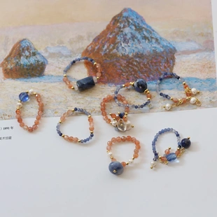 天然太阳石 炫彩切面水晶戒指蓝纹石弹力绳均码指环流苏戒指