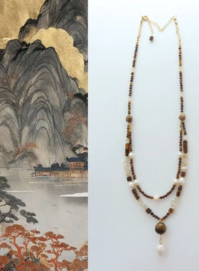 美拉德风天然虎眼石串珠项链女锁骨链双层复古淡水珍珠吊坠饰品
