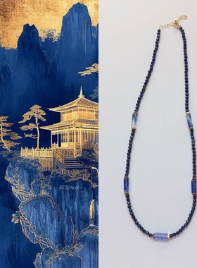 天然石项链锁骨链 青金石国风元素短款项链个性创意设计串珠项链