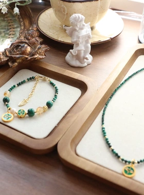 新中式国风绿财神孔雀石手链项链黄水晶珍珠原创设计短项链手链