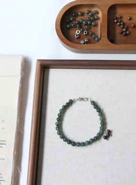【黛玉】天然绿发晶单圈手串 沉香木珠吊坠 小红薯同款老银手链