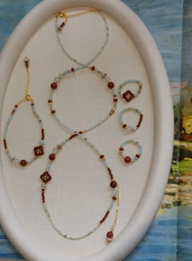 【蓝湛】新中式国风项链淡蓝撞色天然红石优化色彩长款项链毛衣链