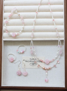 LO娘同款BLINGBLING进口捷克珠粉嫩珍珠项链双层颈链心锁骨链